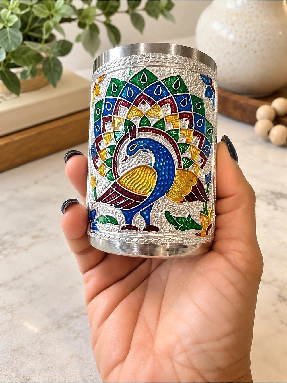 NIB New Meenakari Peacock Stainless Steel Glass Tumbler Indian Handicraft Silver